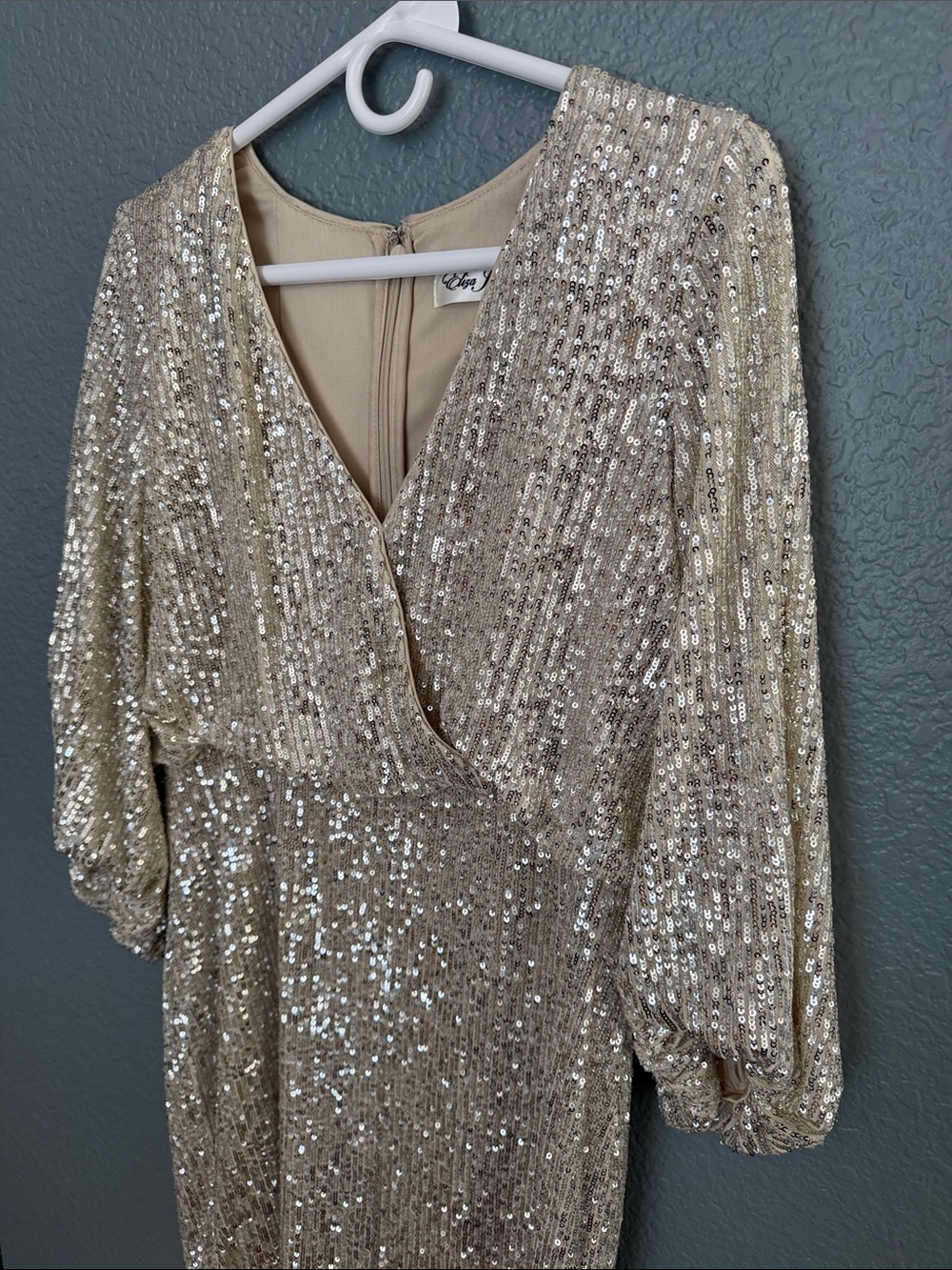 Eliza J beige and silver Sequin V-Neck Mini Dress longsleeve - Picture 4 of 15